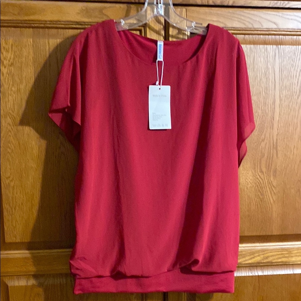 Neineiwu Vibrant Red Short Sleeve Relaxed Blouse